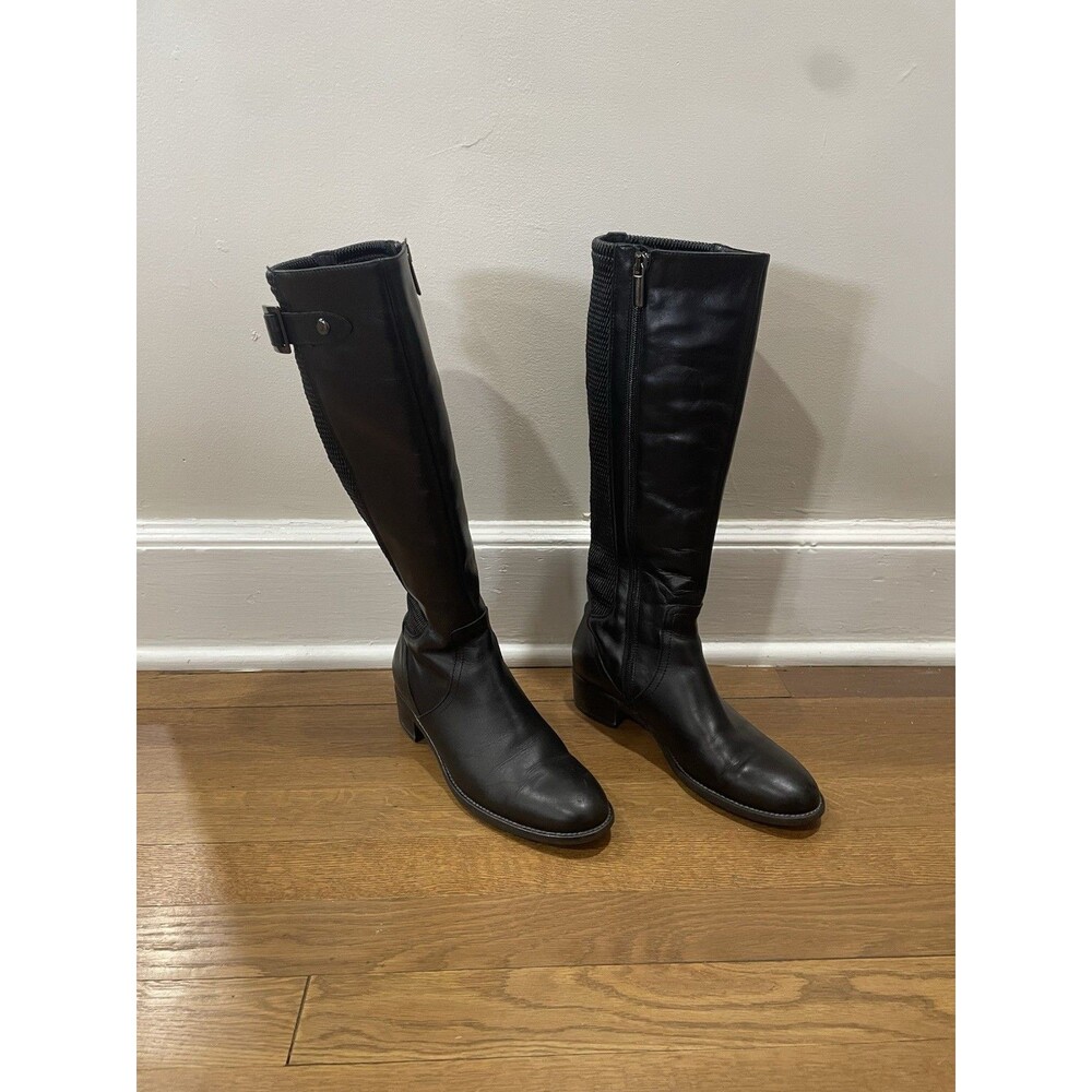 Aquatalia Obsession Black Tall Leather Buckle Boots Woven Stretch Panel Sz 6.5